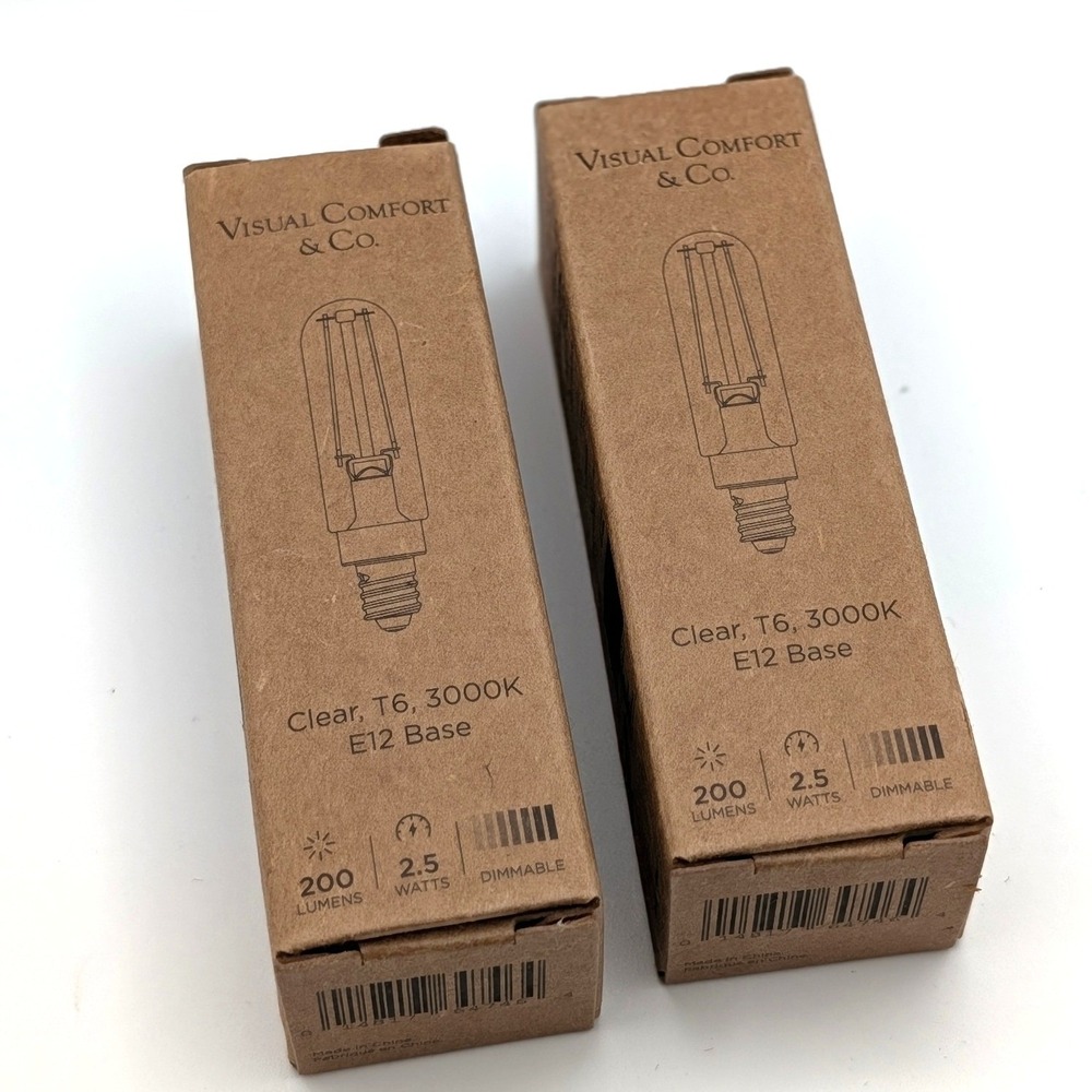 Visual Comfort & Co T6 LED Light Bulb E12 Base 2.5W 3000K Dimmable Clear 2-Pack